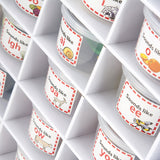 A variety of spelling and phonics tubs such as sounds like "EE" or "O ."