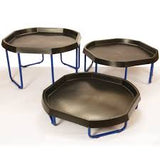 3 black active world trays on top of 3 adjustable active world tray stands at varying heights. 